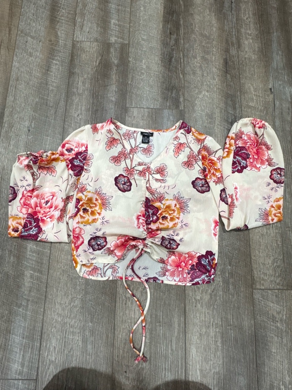 Rue21 Floral Tie-Front Puff Sleeve Top - Cream with Pink & Orange Blooms